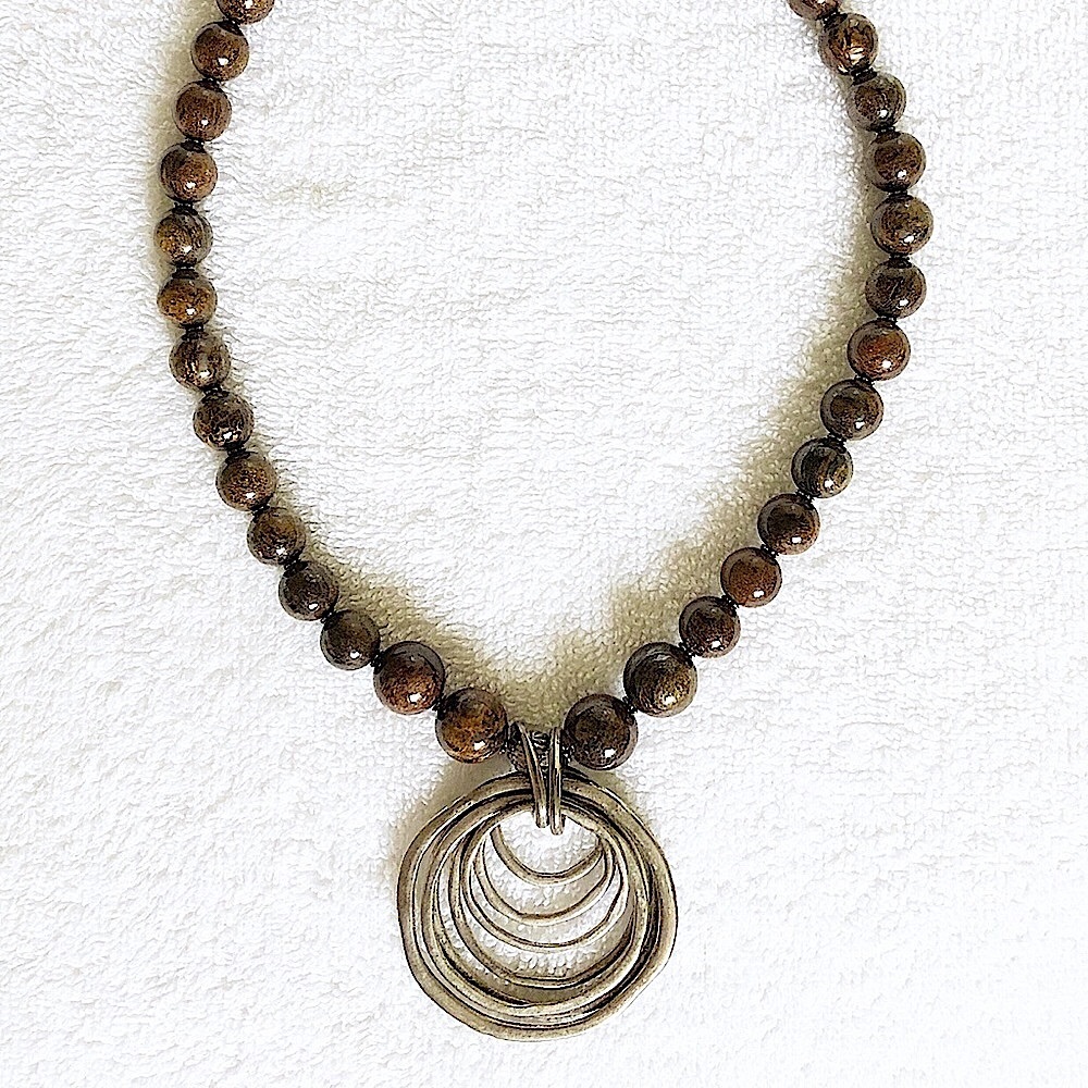 Vintage Chunky Bronzite Beaded Necklace with Silver Pendant